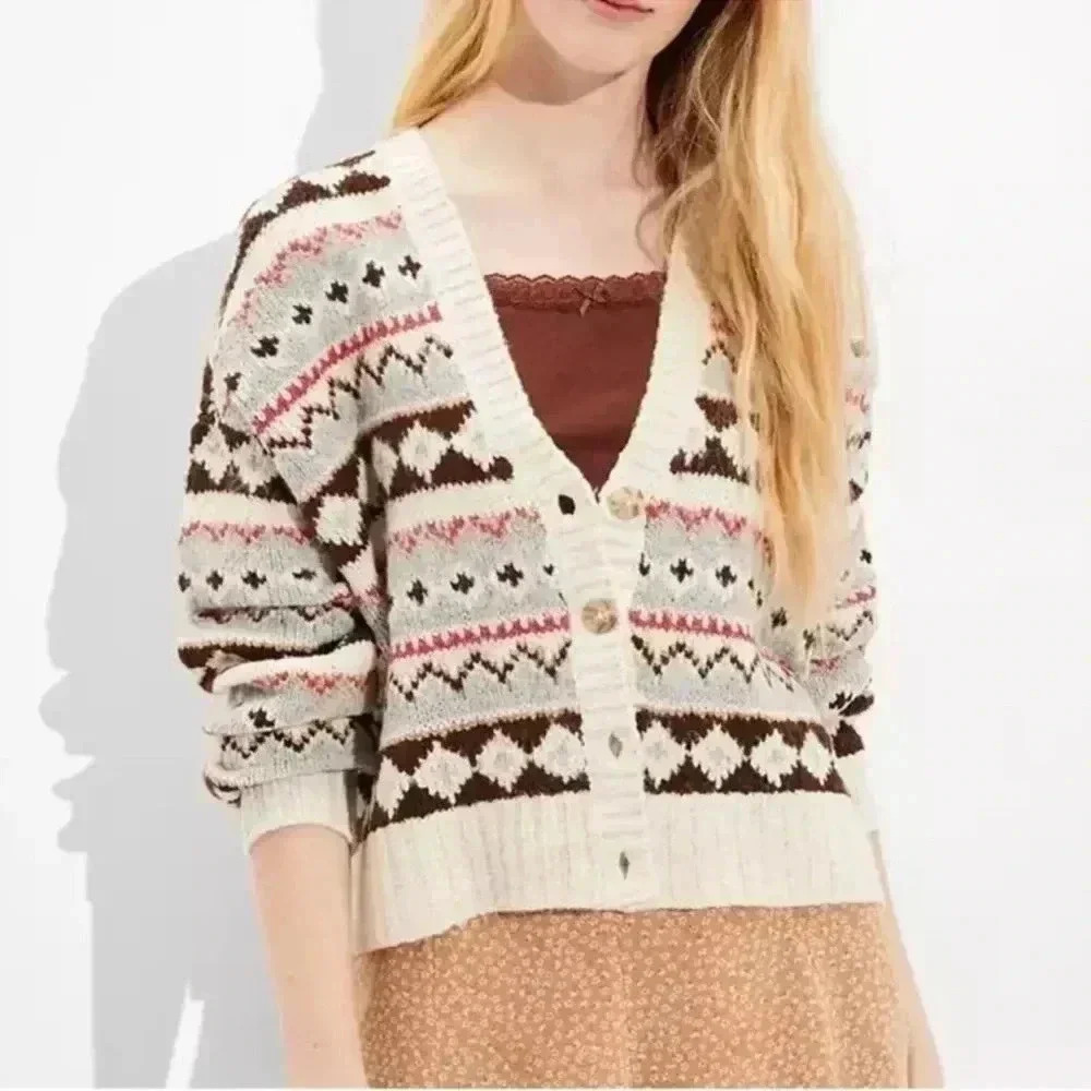 American Eagle Fairisle Button Up oversized cropped Sweater Cardigan Patterned S